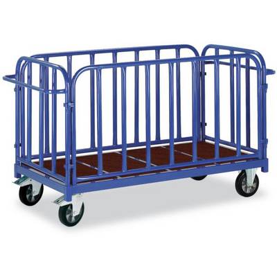 Blauer Metall-Transportwagen mit hohen Gittern, vier Rädern und flachem Boden, geeignet zum Transport von großen Gegenständen.