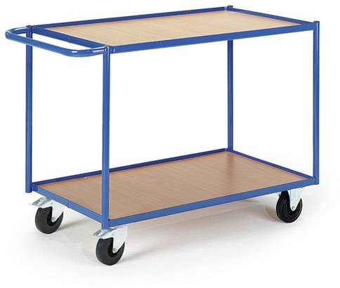 Blauer Transportwagen mit zwei Holzplattformen und vier schwarzen Rädern, geeignet für den Transport von Gütern in Lagern oder Werkstätten.