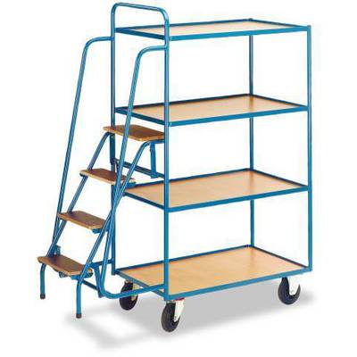Ein blauer Rollwagen mit vier Holzregalen und einer Treppe auf der linken Seite. Der Wagen hat Rollen für einfache Bewegung.