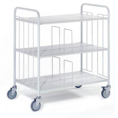 Ein dreistufiger Metallwagen mit Rädern, geeignet für den Transport von Gegenständen in Büro- oder Haushaltsumgebungen.