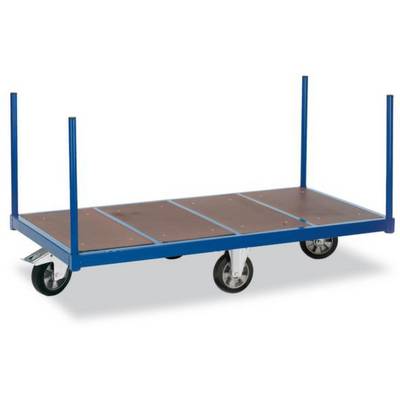 Ein blauer Plattformwagen mit vier Rollen und Holzplatte, geeignet für den Transport von schweren Lasten in Lager oder Werkstattumgebungen.