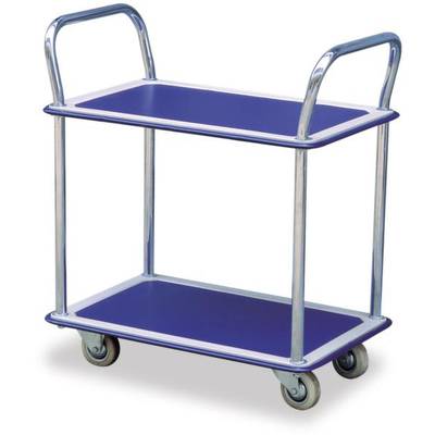 Ein blauer Servierwagen aus Metall mit zwei Etagen und vier Rollen, geeignet für den Transport von Gegenständen in Innenräumen.