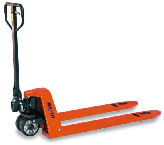Ein roter Hubwagen mit schwarzem Griff, ideal zum Bewegen von Paletten in Lagern oder auf Laderampen.
