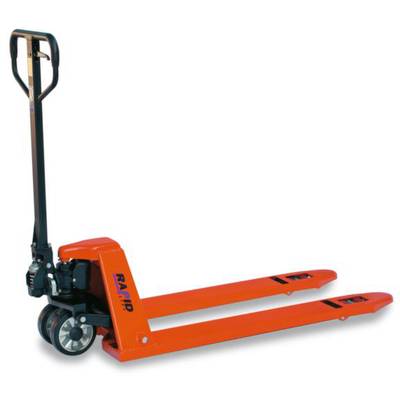 Ein roter Hubwagen mit schwarzem Griff, ideal zum Bewegen von Paletten in Lagern oder auf Laderampen.