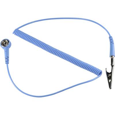 Ein blaues Spiralkabel mit einer Klemme an einem Ende und einem runden Anschluss am anderen Ende, oft für medizinische Anwendungen.