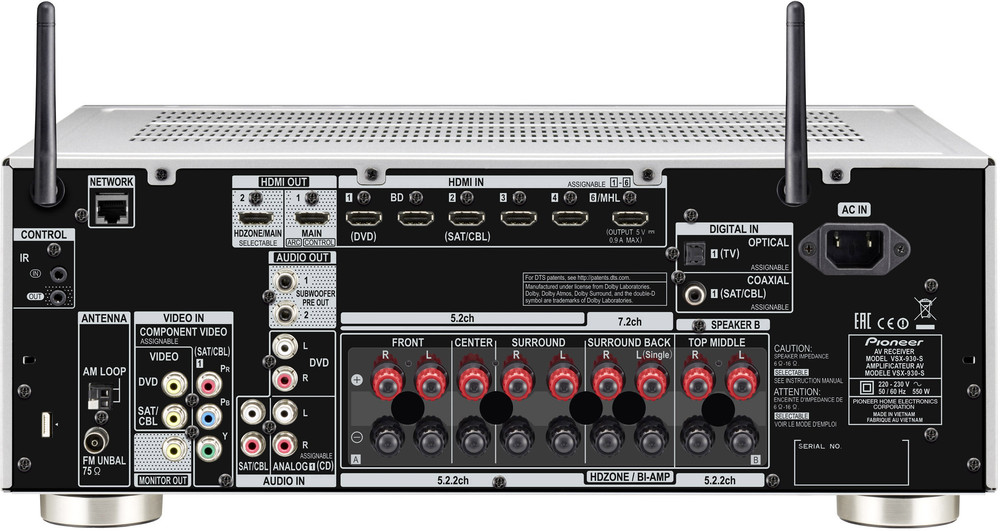 Pioneer VSX930S 7.2 AVReceiver 7x150 W Silber 4K UltraHD, WLAN, Bluetooth®, DLNA, AirPlay