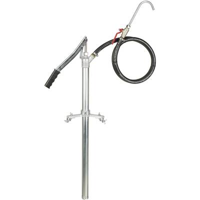 Eine silberne Handpumpe mit schwarzem Schlauch, geeignet zum Abpumpen von Flüssigkeiten aus Behältern.