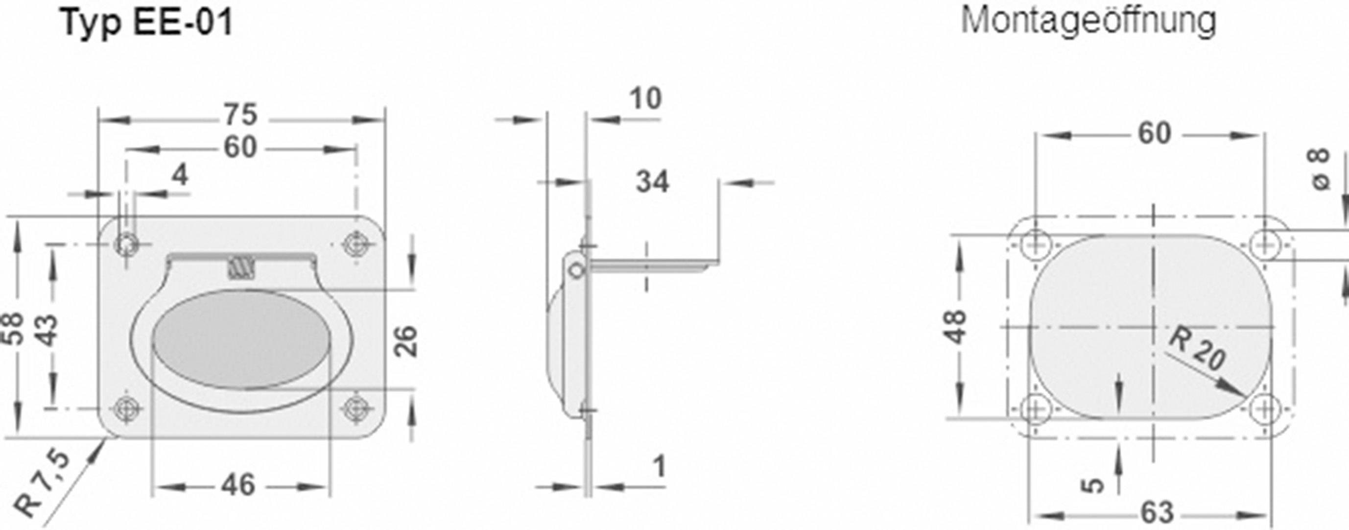 Technische Zeichnung eines Einbauschalters vom Typ EE-01 mit Maßen: 75mm Breite, 60mm Höhe, Montagetiefe 10mm. Montageöffnung 48x63mm.