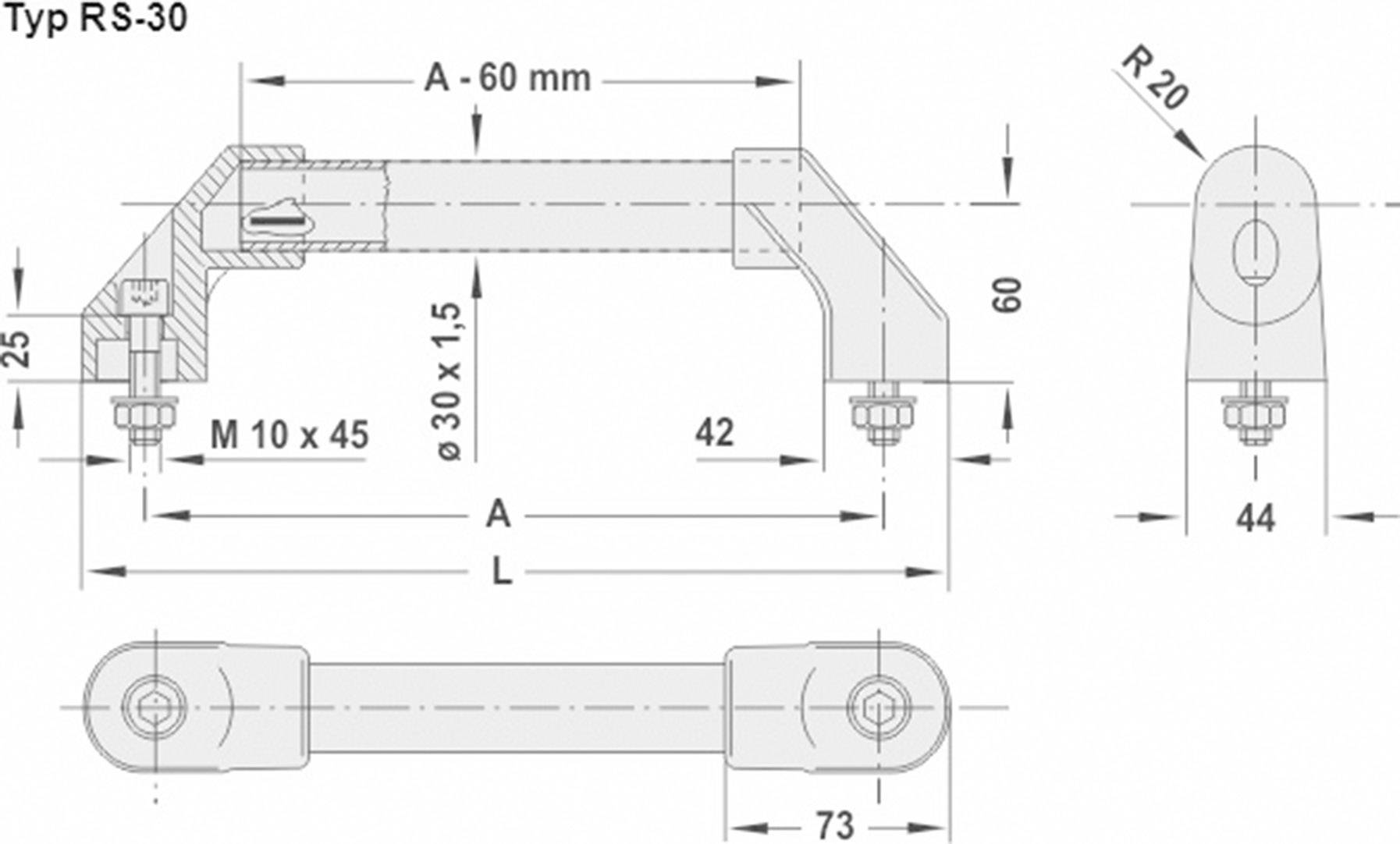 Technische Zeichnung eines Griffs vom Typ RS-30 mit Maßangaben in Millimetern. Zeigt eine Seiten- und Frontalansicht.