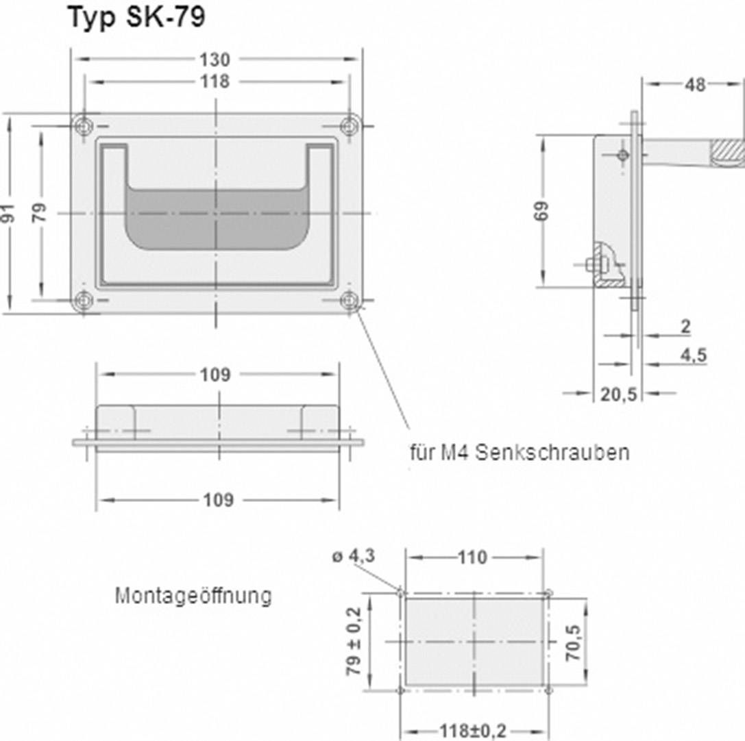 Skizze eines Einbauteils Typ SK-79 mit Maßen und Montagedetails. Maße: 118x91mm, Befestigung mit M4 Senkschrauben. Seitenansicht und Öffnung angezeigt.