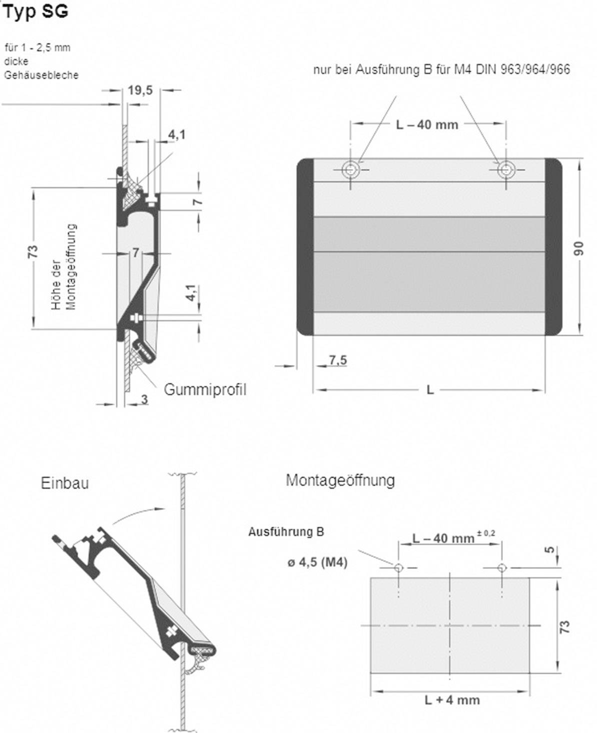 Technische Zeichnung eines Gehäuses vom Typ SG mit Gummiprofil. Maße: Länge 75 mm, Breite 41 mm, Aufbauhöhe 9,5 mm.