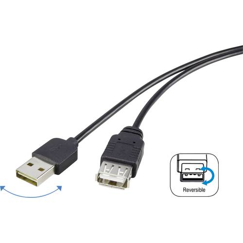 Renkforce USB-Kabel USB 2.0 USB-A Stecker, USB-A Buchse 1.80 m Schwarz beidseitig verwendbarer Stecker, vergoldete Steck...