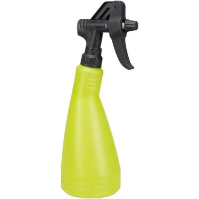 Eine gelbe Sprühflasche mit schwarzem Abzug, verwendet zum Zerstäuben von Flüssigkeiten, auf weißem Hintergrund abgebildet.