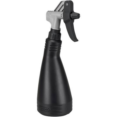 Ein schwarzes Plastik-Sprühflasche mit grauem Sprühkopf, geeignet für Gartenarbeit oder Reinigungszwecke.