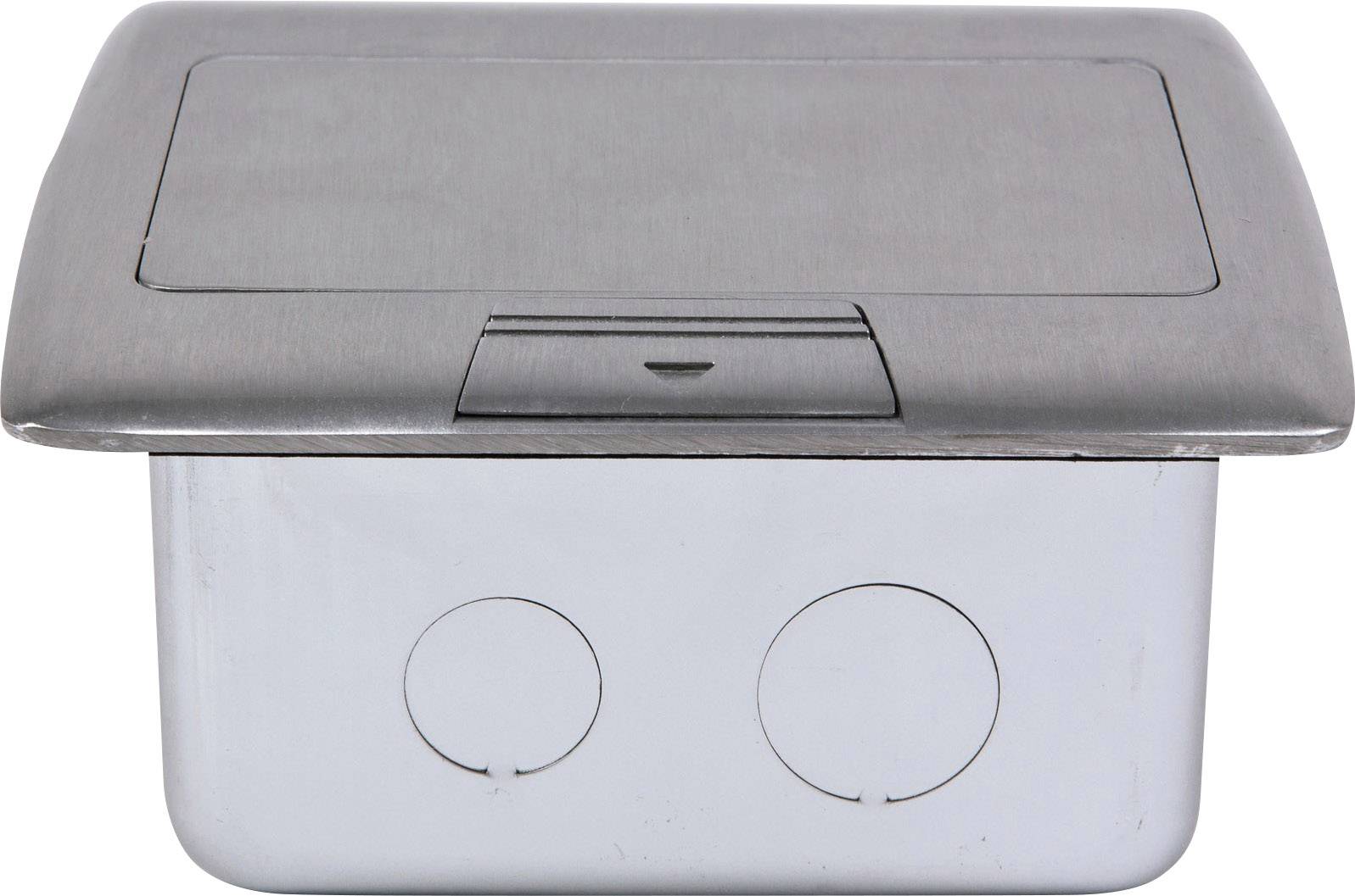 Metallene Bodendose mit einem klappbaren Deckel, geeignet zum Einlassen in den Boden zur unauffälligen Unterbringung von Anschlüssen.