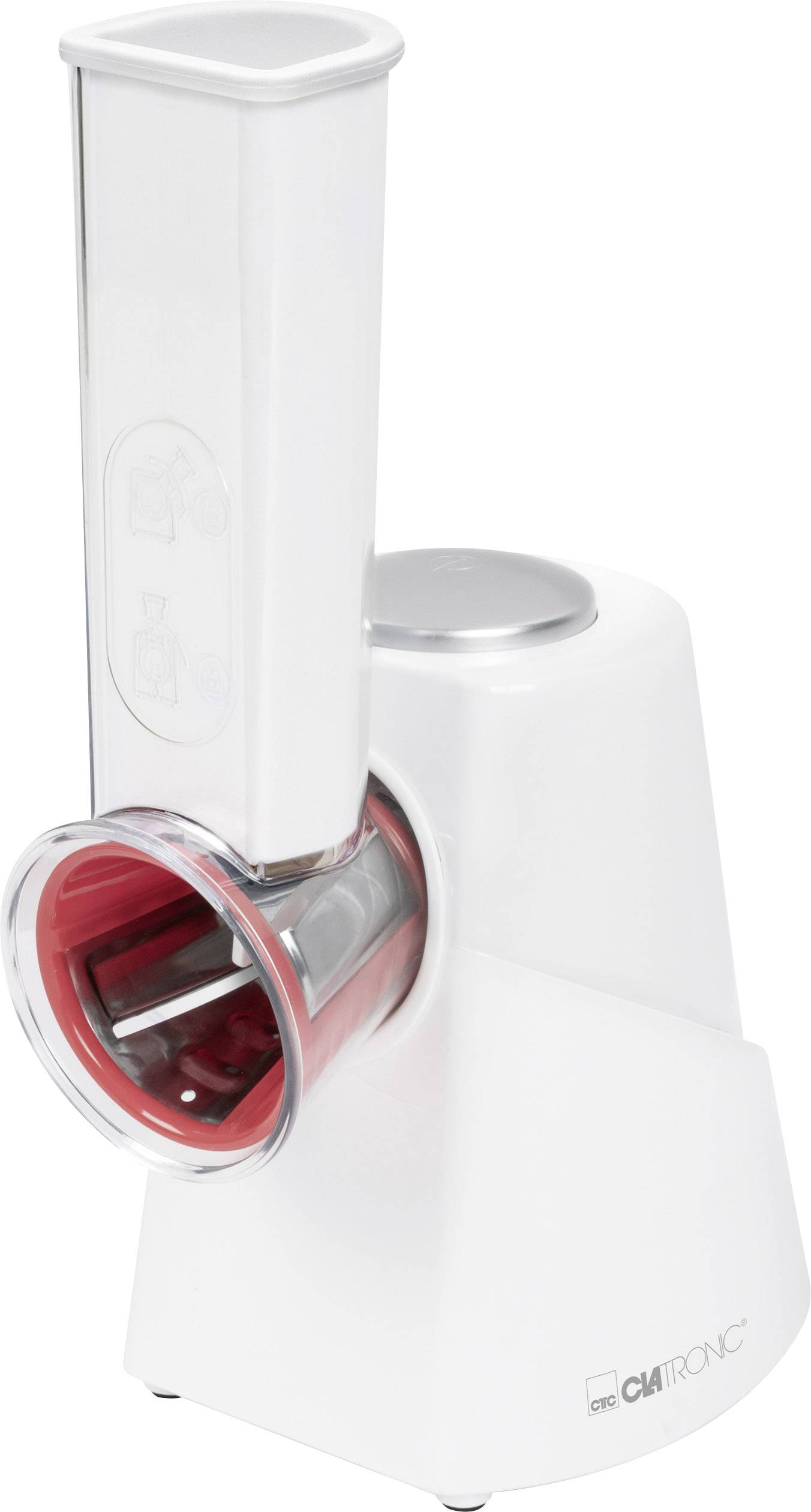 Weißer elektrischer Gemüsereibe mit Einfüllschacht und roter Trommel, geeignet zum Zerkleinern von Gemüse.