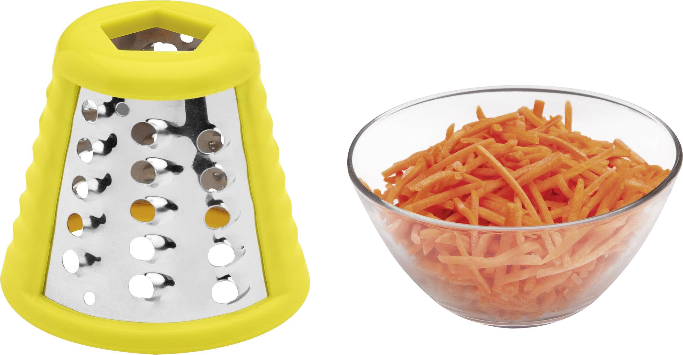 'Reibe mit gelbem Griff neben einer Glasschale mit geriebenen Karotten.'