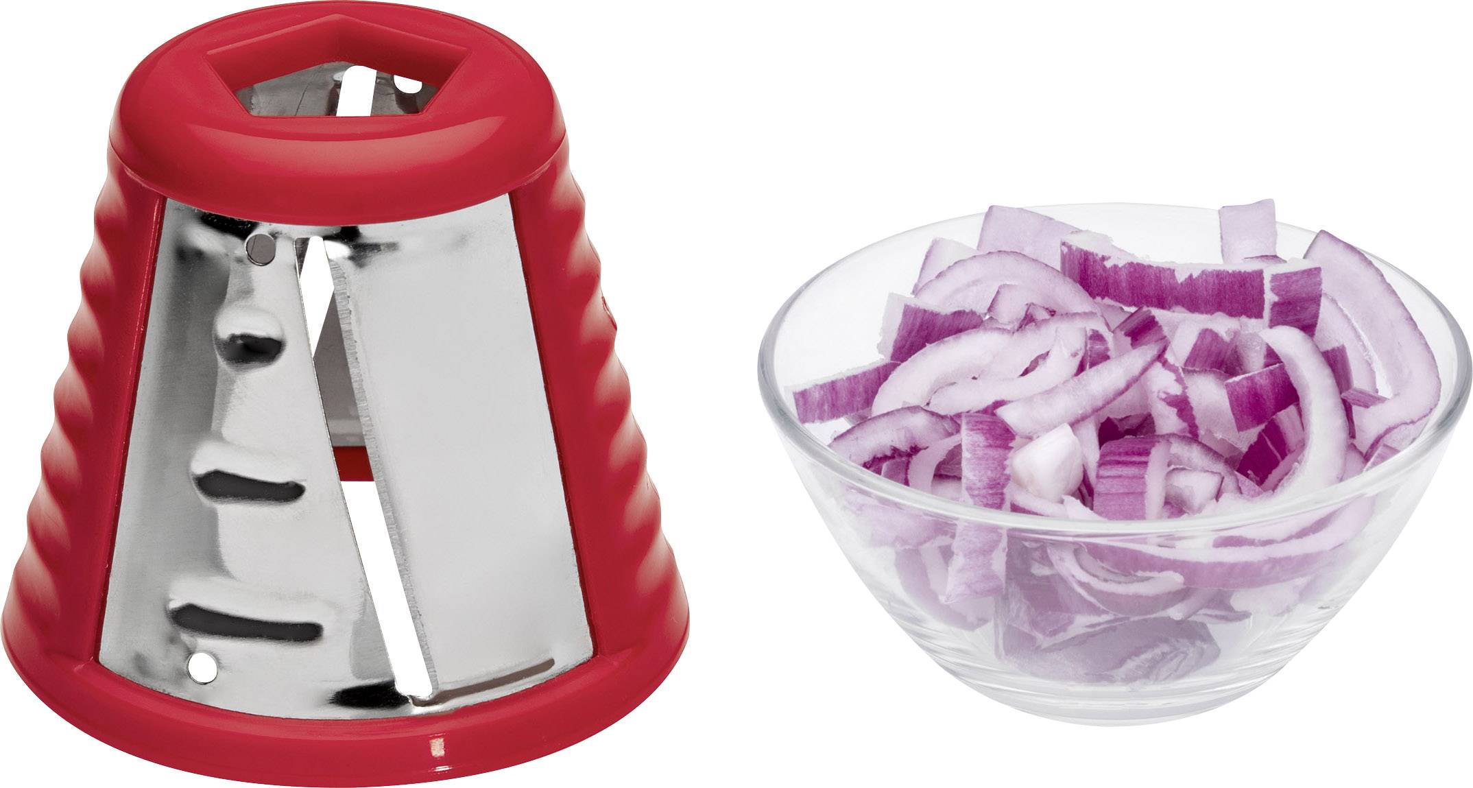 Roter Kegelreibe neben einer Glasschale mit geschnittenen roten Zwiebeln, die das Einsatzwerkzeug zeigt und sein Gebrauchsziel.