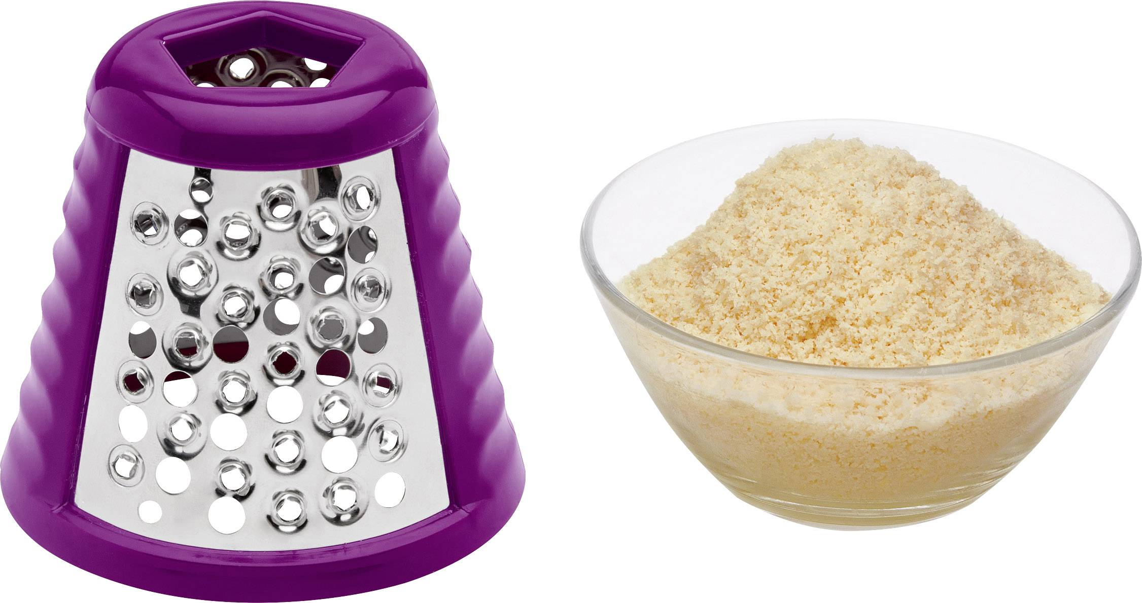 'Reibe mit violettem Rand neben einer Glasschale voller geriebenem Käse.'