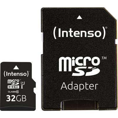 Eine schwarze 'Intenso' microSD-Karte mit 32 GB Kapazität und ein dazugehöriger Adapter werden gezeigt.