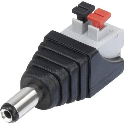 Schwarz-silberner DC-Steckeradapter mit zwei Klemmen, einer rot und einer schwarz. Verwendet für elektrische Verbindungen.