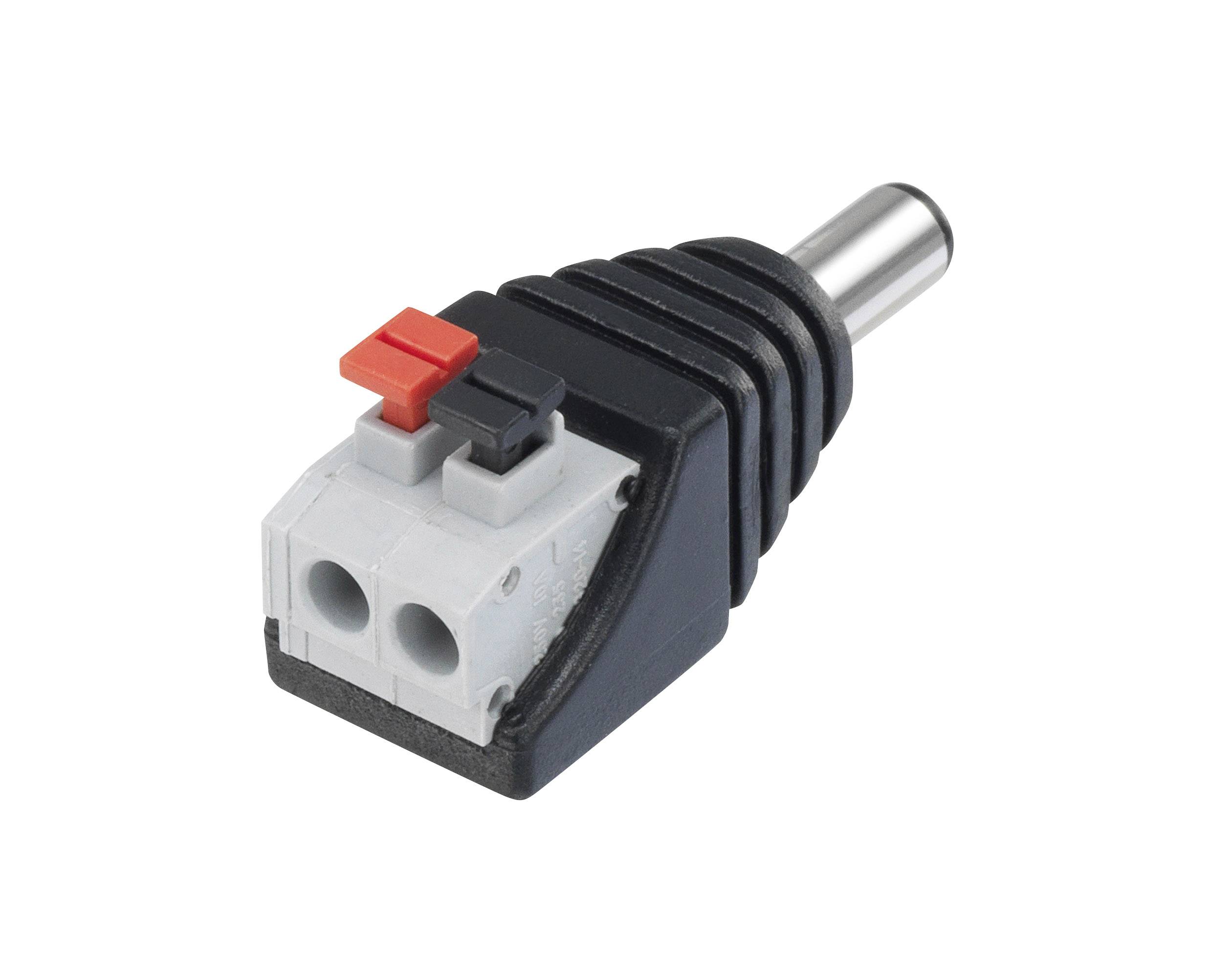 Ein schwarzer und grauer DC-Steckeradapter mit zwei Kabelanschlüssen und einem roten Hebel zum Verriegeln der Verbindung.