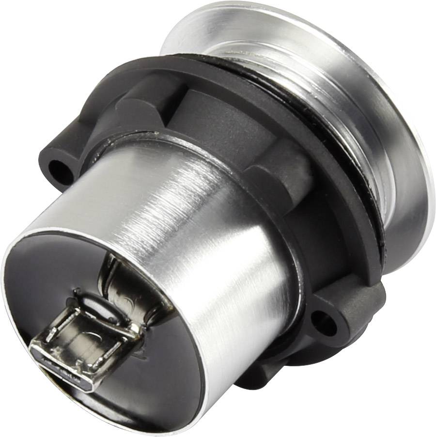 Ein zylindrischer Metallstecker mit schwarzem Kunststoffgehäuse, typischerweise für elektrische Verbindungen verwendet.