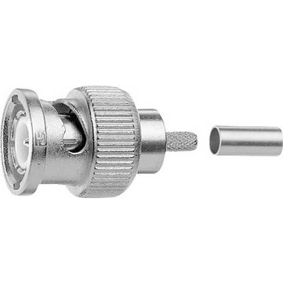 Ein silberner BNC-Stecker mit abgezogenem Kabel, bestehend aus einem Gehäuse, einer Buchse und einer Rändelmutter.