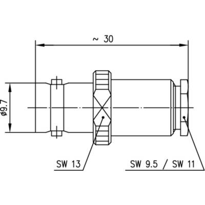 Technische Zeichnung eines Verbinders mit den Angaben 'SW 13', 'SW 9.5 / SW 11' und Längenmaß '≈ 30' sowie Durchmesser '⌀9.7'.