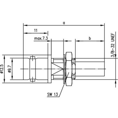 Technische Zeichnung eines Anschlusses mit Maßen: Durchmesser 12,5 mm, Länge a und b, Gewinde 3/8–32 UNEF, Schlüsselweite 13 mm.