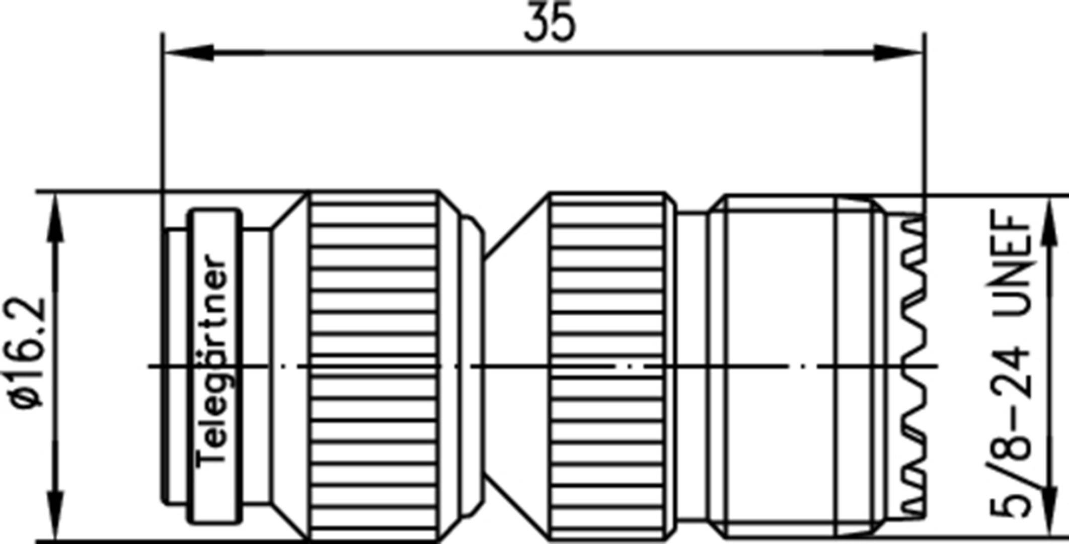 Technische Zeichnung eines Steckverbinders mit Beschriftung 'Telegärtner'. Maße: ⌀16,2 mm, Länge 35 mm, Gewinde 5/8-24 UNEF.