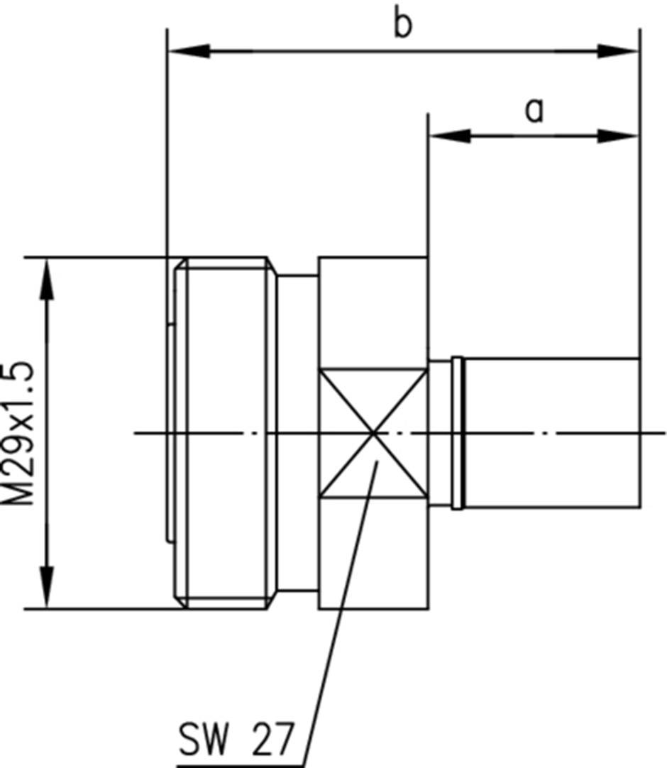 Technische Zeichnung eines Bauteils mit Maßangaben: 'M29x1.5', 'SW 27', Längen 'a' und 'b'. Seitenansicht mit Markierungen.