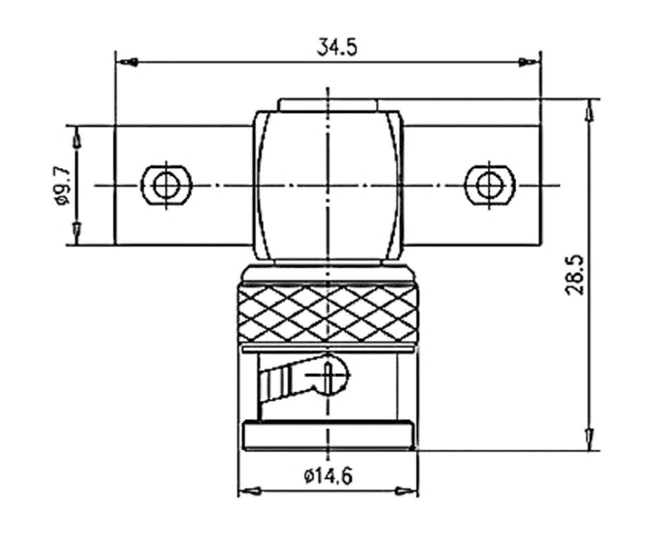 Technische Zeichnung eines Steckverbinders mit Maßen: Breite 34,5 mm, Höhe 28,5 mm, Befestigungslöcher und geripptes Griffdesign.