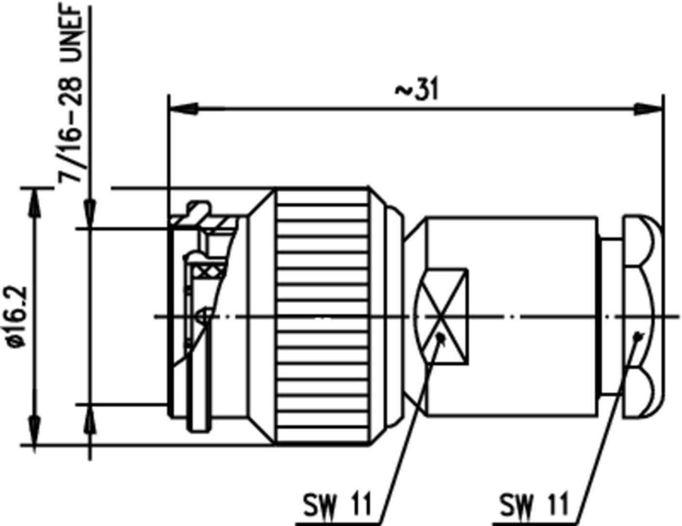 Technische Zeichnung eines Steckverbinders mit Maßen: Länge ca. 31 mm, Durchmesser 6,2 mm, Gewinde 7/16-28 UNEF, Schlüsselweite 11 mm.