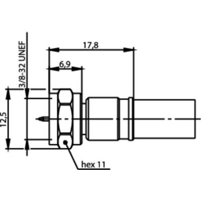 Technische Zeichnung eines Anschlusses mit Maßen: 17,8 mm Länge, 6,9 mm Breite, Gewinde 3/8-32 UNEF, Sechskant 11 mm.
