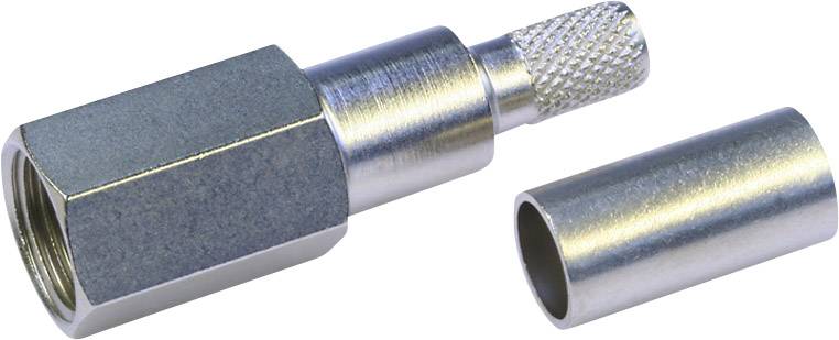 'F-Stecker aus Metall für Koaxialkabel, bestehend aus einem sechskantigen Hauptteil und einer abnehmbaren Hülse, auf weißem Hintergrund.'