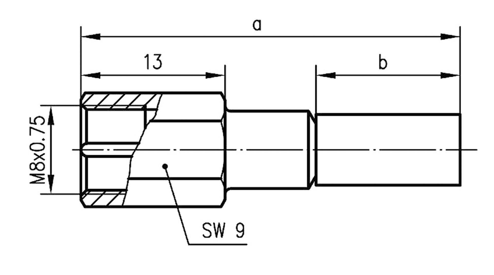 Technische Zeichnung eines zylindrischen Adapters mit Maßen: Gesamtlänge 'a', Abschnitt 'b', Gewinde M8x0,75, Schlüsselweite SW 9.