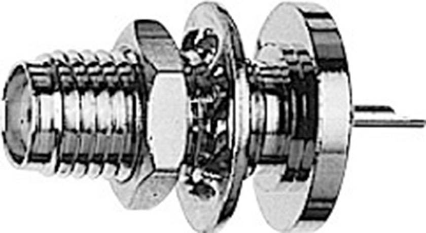 Ein metallisches HF-Koaxial-Steckverbinderteil mit mehreren kreisförmigen Schichten und Gewinde. Verwendet für elektrische Verbindungen.
