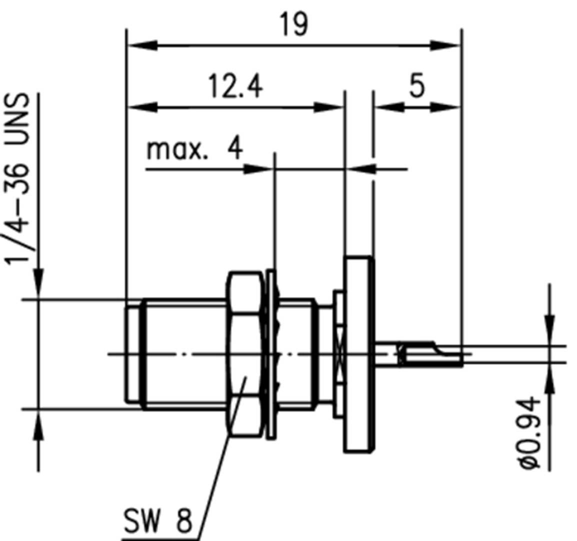 Technische Zeichnung eines Verbinders mit Abmessungen: 19mm Länge, 12,4mm und 5mm Abschnitte, Gewinde 1/4-36 UNS, max. 4mm.