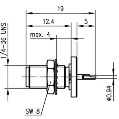 Technische Zeichnung eines Verbinders mit Abmessungen: 19mm Länge, 12,4mm und 5mm Abschnitte, Gewinde 1/4-36 UNS, max. 4mm.