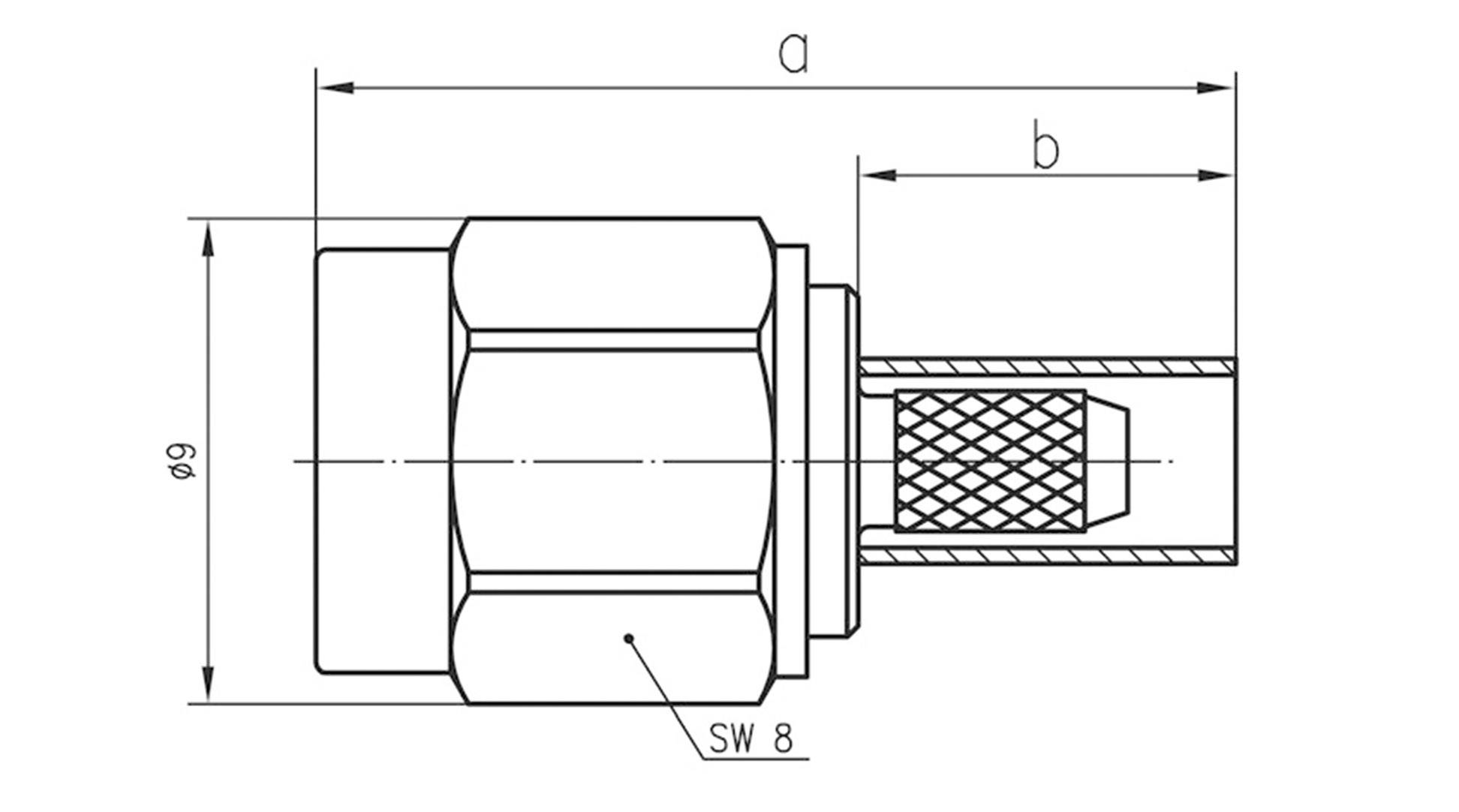 Technische Zeichnung eines Rohres mit Verbindungsstück. Beschriftet mit Maßen: 'a', 'b', 'ϕ9', und 'SW 8'. Linien zeigen Längen und Durchmesser.