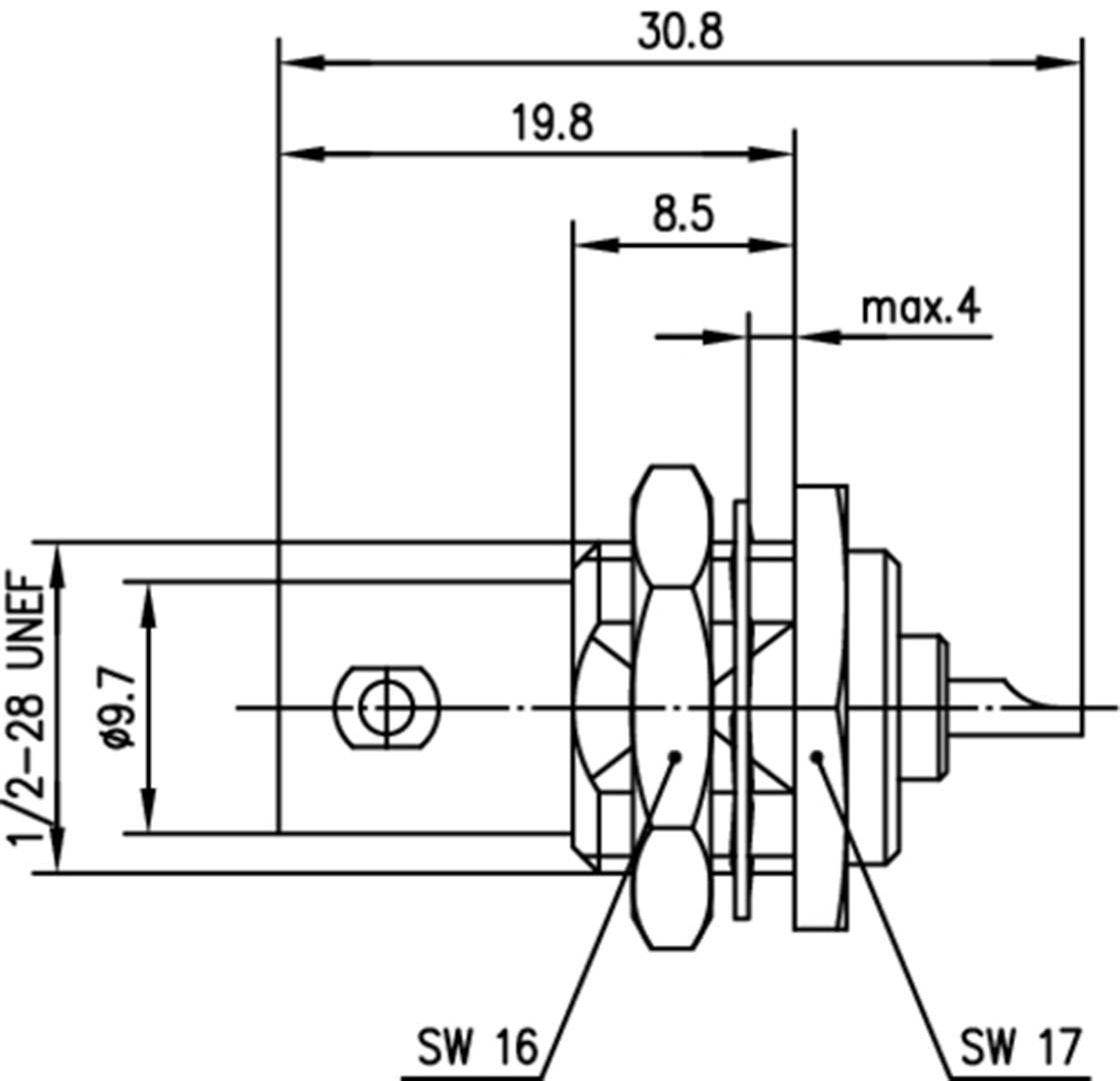 Technische Zeichnung einer mechanischen Komponente mit Abmessungen: 30,8 und 19,8 breit, 8,5 und 9,7 hoch. Gewinde: 1/2-28 UNEF.