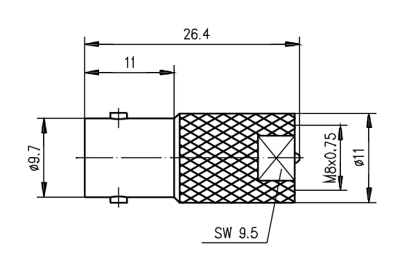 Technische Zeichnung eines Steckverbinders mit Abmessungen: Gesamtlänge 26,4 mm, Durchmesser 9,7 mm, Gewinde M8 x 0,75, Schlüsselweite 9,5 mm.