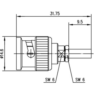Technische Zeichnung eines Steckverbinders mit Bemaßungen: Länge 31,75 mm, Durchmesser 9,5 mm und 14,6 mm, SW 6 markiert.