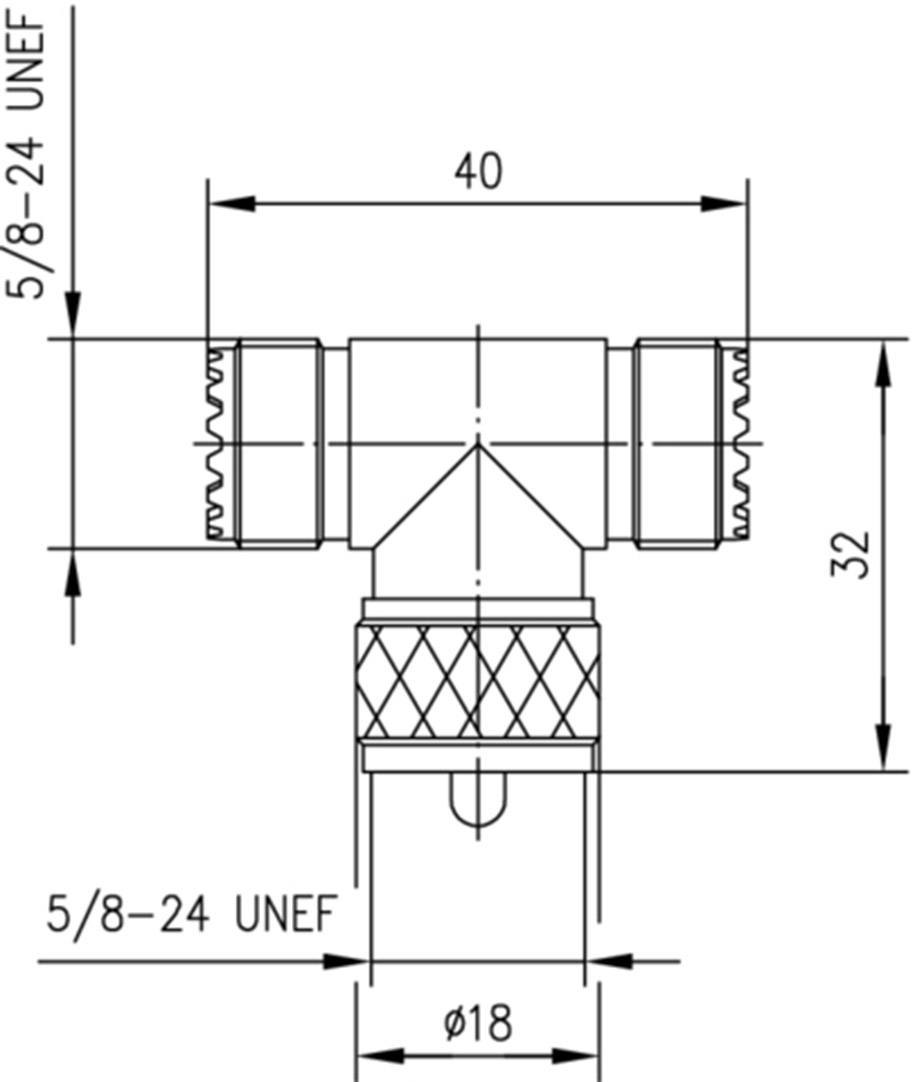 Technische Zeichnung eines T-Stücks mit Maßen: 40 mm Breite, 32 mm Höhe, Gewinde 5/8-24 UNEF, Durchmesser 18 mm an der Basis.