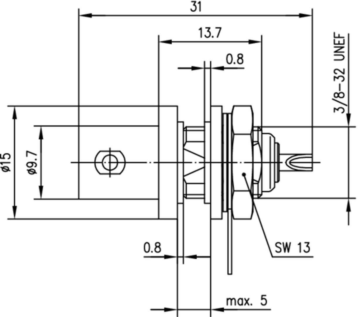 Technische Zeichnung eines Gewindes mit Maßen: 15 mm Durchmesser, 31 mm Länge, 3/8-32 UNEF Gewinde, max. 5 mm Einbautiefe.