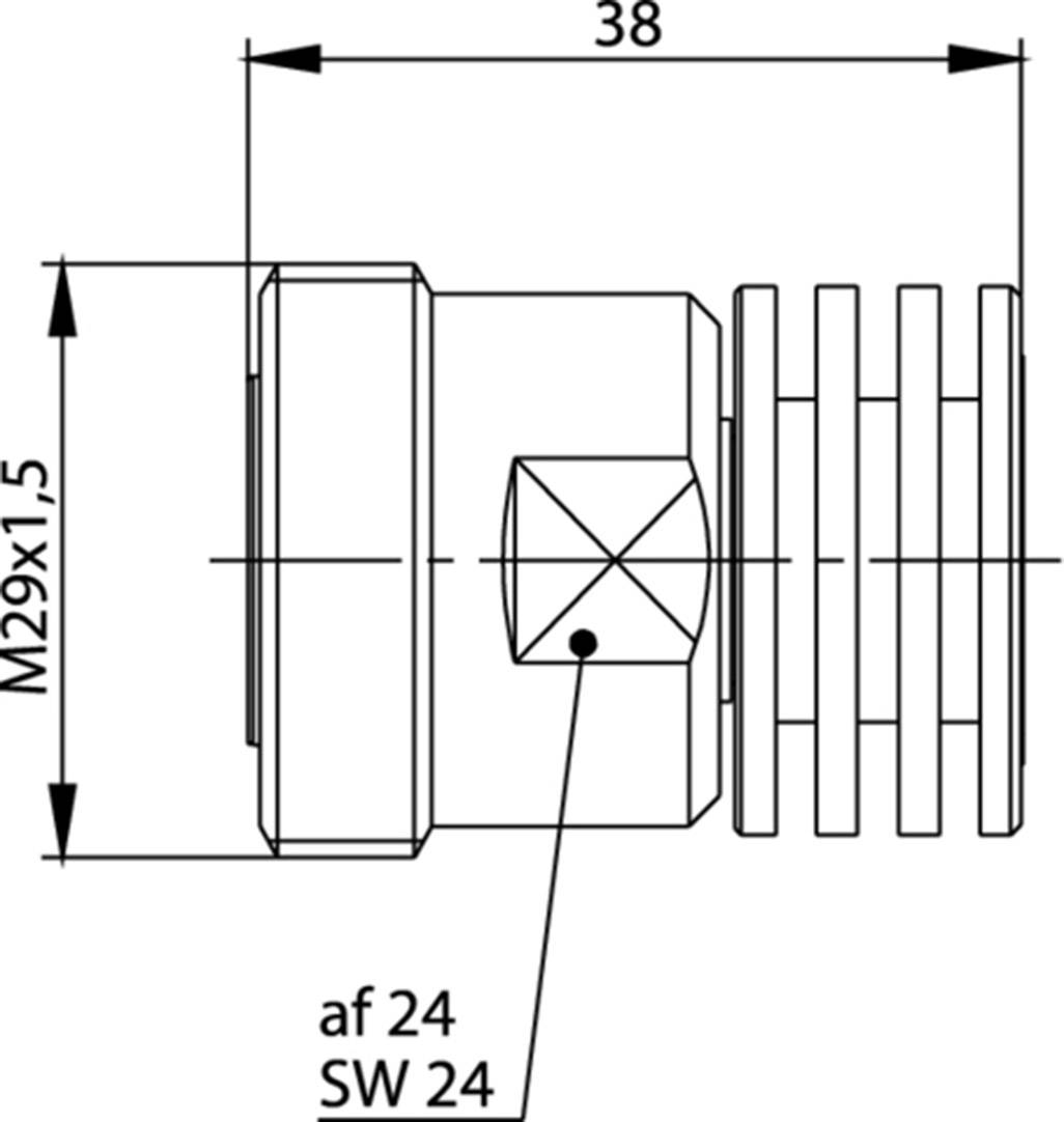 Technische Zeichnung eines zylindrischen Bauteils mit Gewinde M29x1,5, Länge 38 mm, Schlüsselweite SW 24 und af 24.