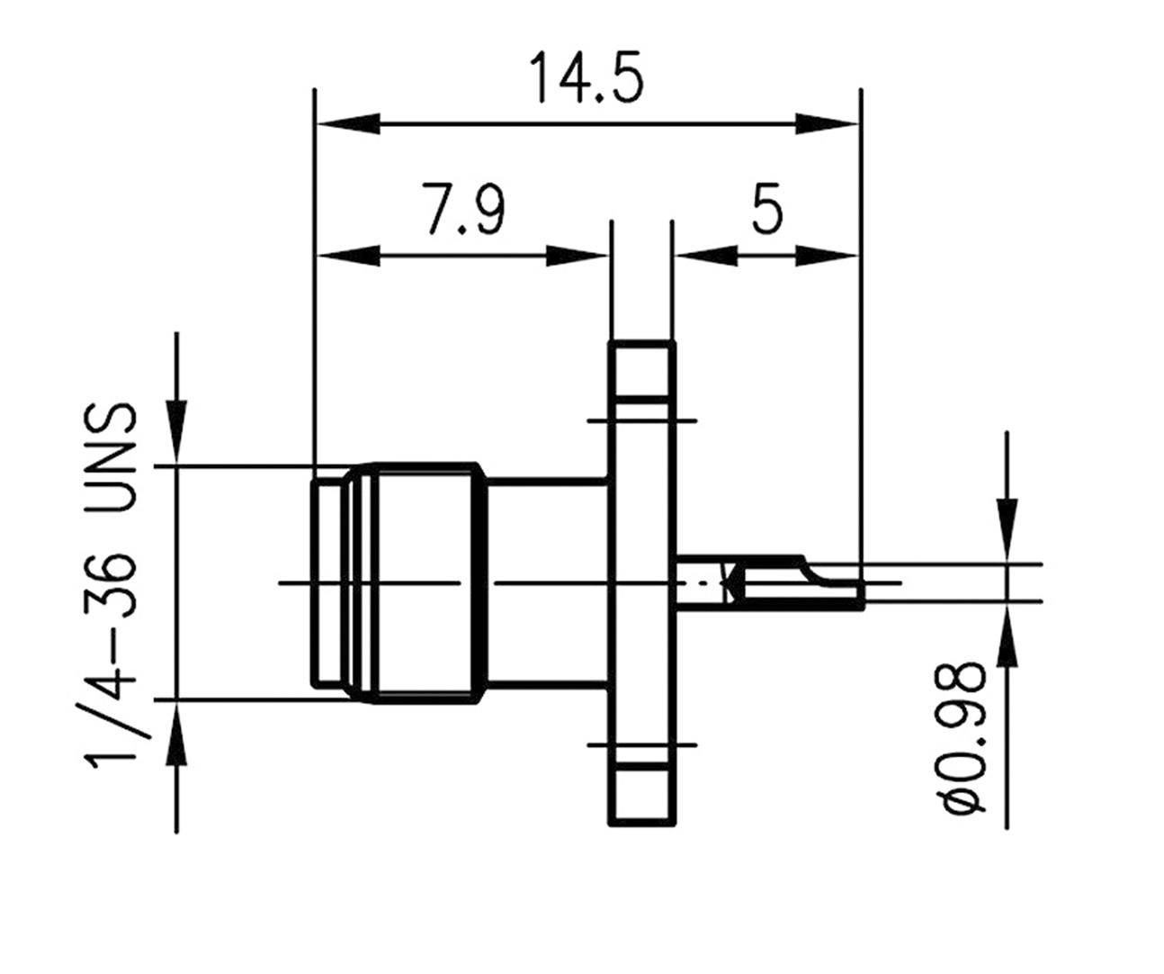 Technische Zeichnung eines Steckverbinders, seitliche Ansicht, mit Maßen: Länge 14,5 mm, Breite 7,9 mm, 1/4-36 UNS Gewinde.