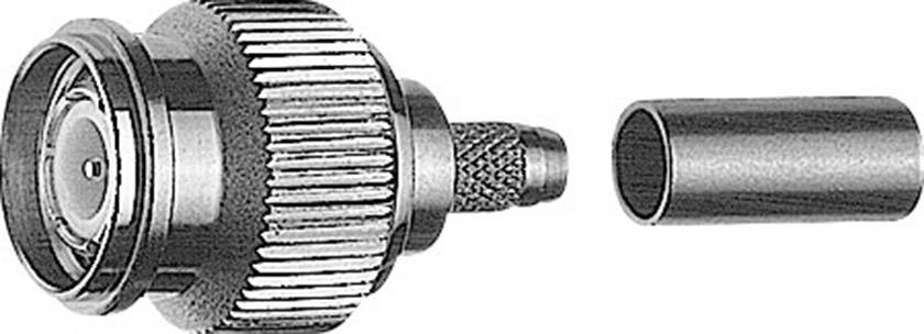 Zwei Teile eines Koaxialsteckers: Links ein runder Stecker mit Gewinde, rechts eine zylindrische Hülse; beide aus Metall.