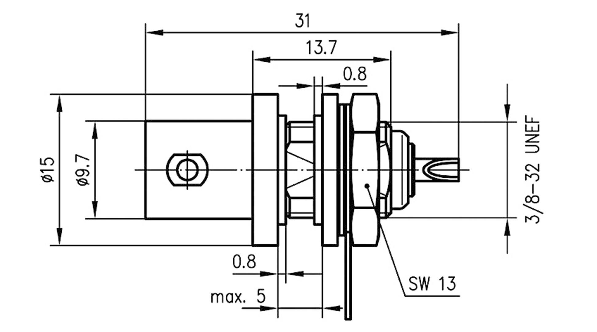 Technische Zeichnung eines Bauteils mit Abmessungen: Durchmesser 15, Länge 31, Gewinde 3/8-32 UNEF, weitere Maße und Mutter SW 13.